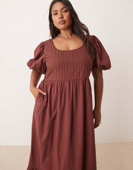 Nobody's Child Mimi puff sleeve midi dress in brown, 2 of 4