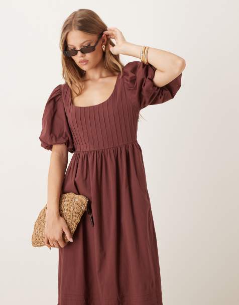 Nobody's Child - Mimi - Vestito midi marrone con maniche a sbuffo - view 1