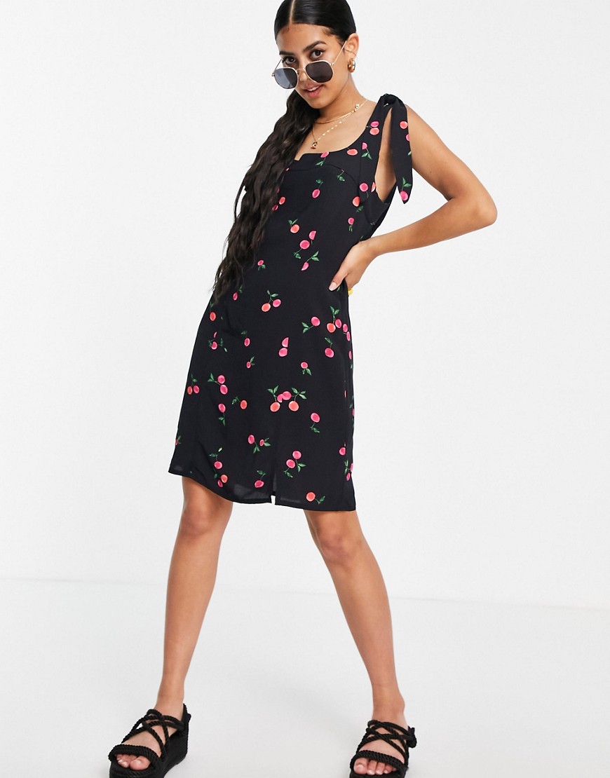 Nobody's Child - Mini-jurk met vierkante hals, gestrikte schouderbandjes en kersen- en bloemenprint-Zwart