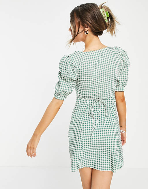  Nobody's Child mini tea dress with puff sleeves in green gingham 