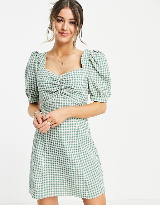  Nobody's Child mini tea dress with puff sleeves in green gingham 
