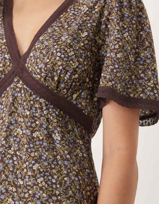 Nobody's Child – Minikleid in Schokobraun mit Spitzenbesatz und Blümchenmuster, 2 von 4