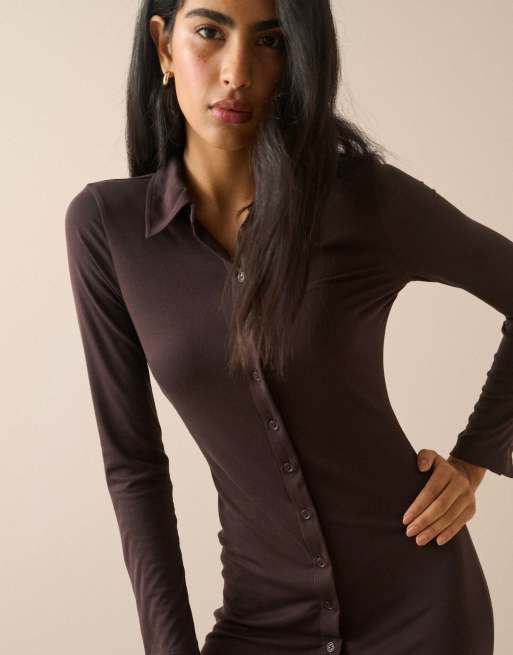 Nobody's Child Modal-rich button front midi dress in brown, 3 of 5
