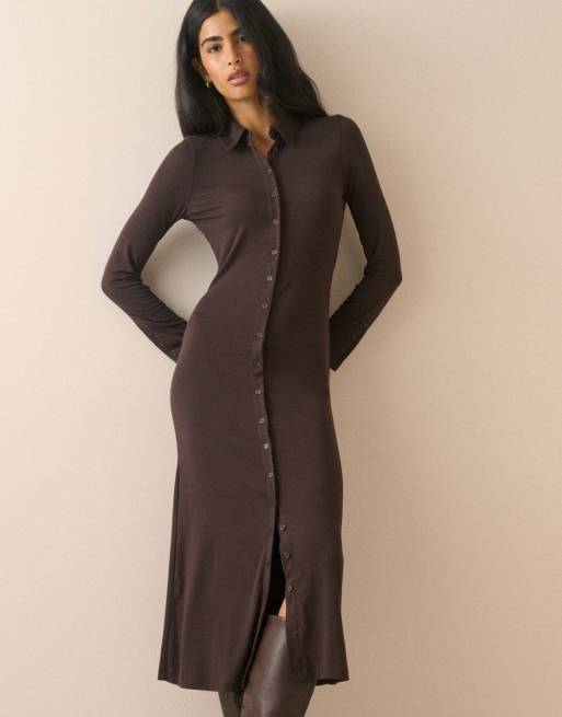 Nobody's Child Modal-rich button front midi dress in brown, 4 of 5