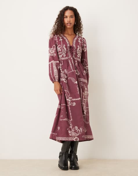Nobody's Child Monroe waistcoat midi dress in burgundy paisley print