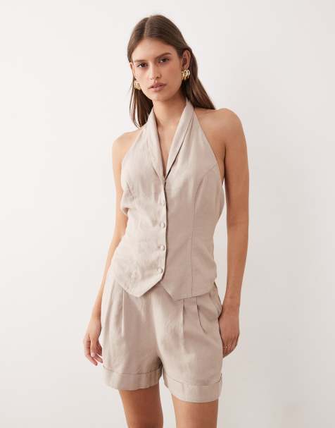 Nobody's Child - Moss - Gilet sartoriale allacciato al collo in misto lino beige in coordinato - view 1