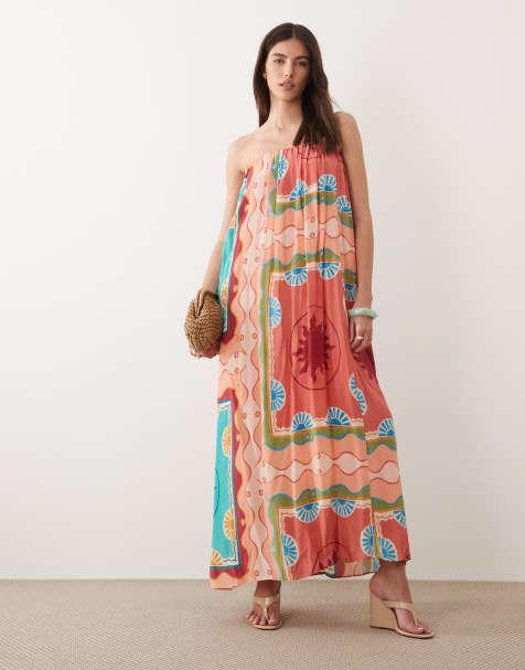 Nobody's Child Myla bandeau pleat detail maxi dress in coral print