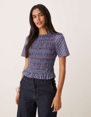 Nobody's Child - Nat - Gesmoktes knappes T-Shirt in Blau kariert