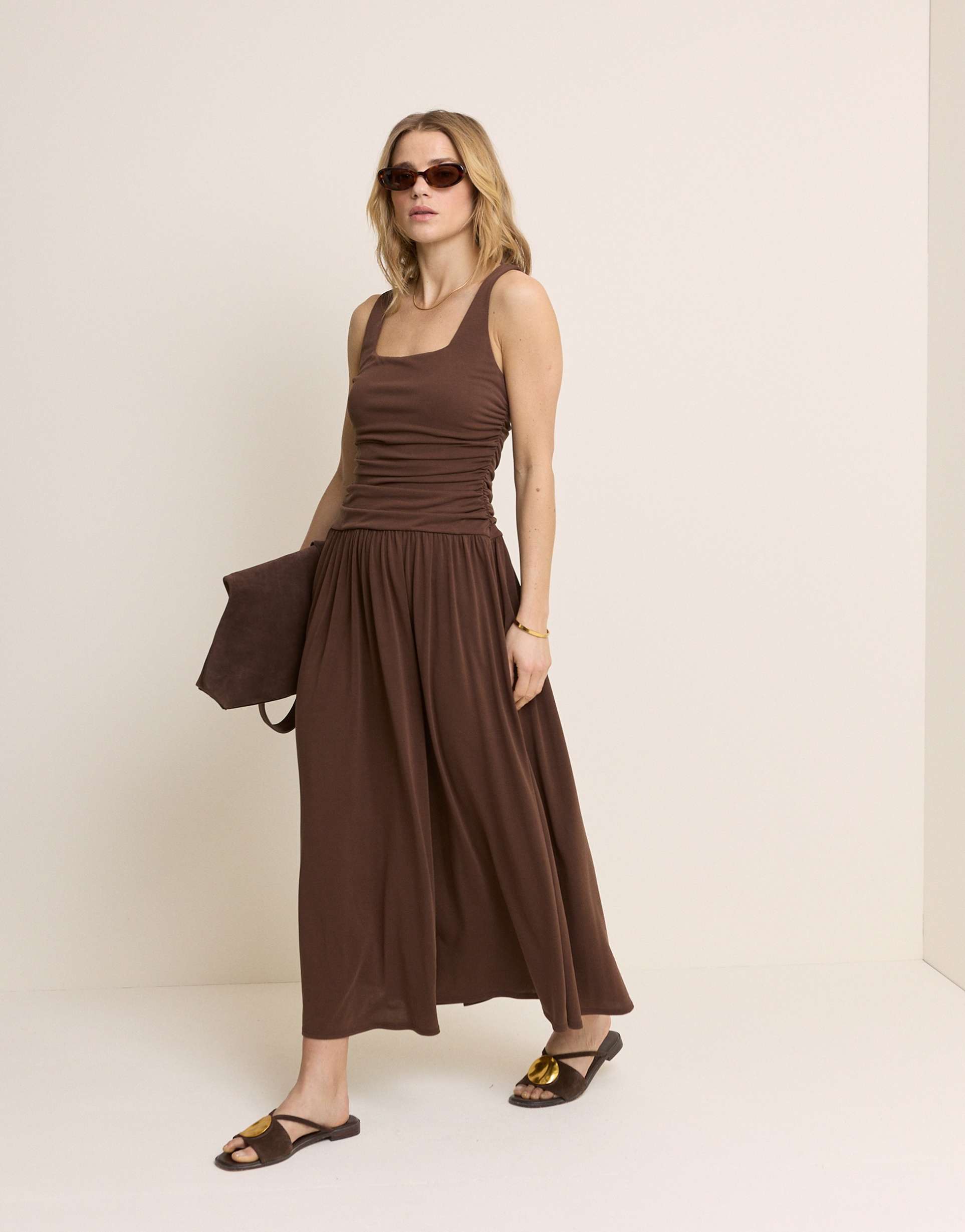 nobody's child natalie modal blend square neck ruched detailing midi dress in chocolate
