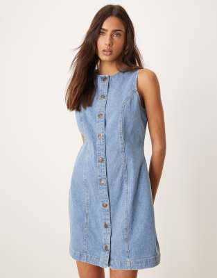 Nobody's Child - Ned - Mini-Schürzenkleid aus Denim in mittlerer Vintage-Waschung-Blau