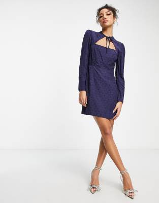 Nobody's Child Nellie tie neck mini dress in navy jacquard spot | ASOS