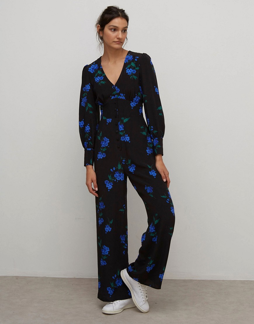 Nobody's Child - Nette jumpsuit met knopen voor in diepblauwe bloemenprint