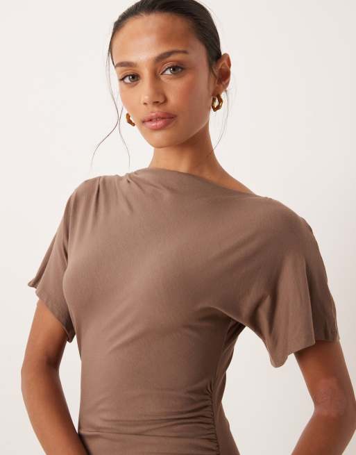 Nobody's Child Niamh jersey fallen shoulder midi dress in brown, 2 of 4