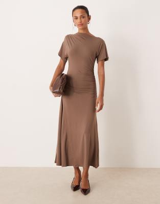 Nobody's Child Niamh Jersey Ruched Neck Midaxi Dress In Brown