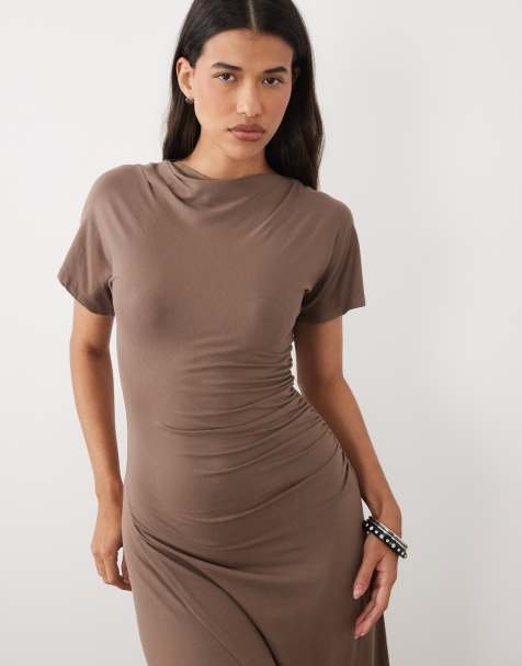 Nobody's Child Niamh soft touch slash neck drape detail maxi dress in mocha - view 1