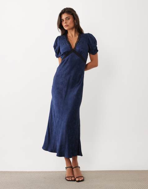 Nobody's Child Nicolette satin plunge neck lace detail cap sleeve slip midi dress in navy - view 1