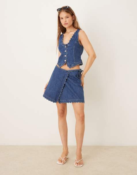 Nobody's Child scallop denim wrap mini skirt co-ord in mid wash