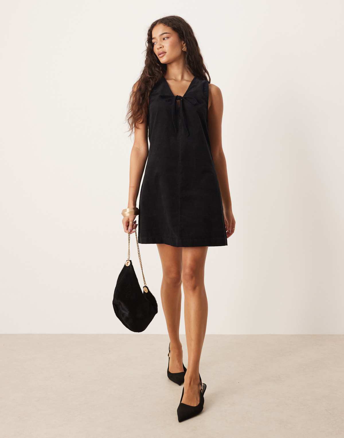 Nobody's Child Nila tie-detail cord pinafore mini dress in black