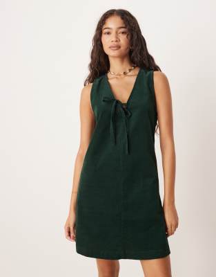 Nobody's Child Nila Tie-detail Cord Pinafore Mini Dress In Green
