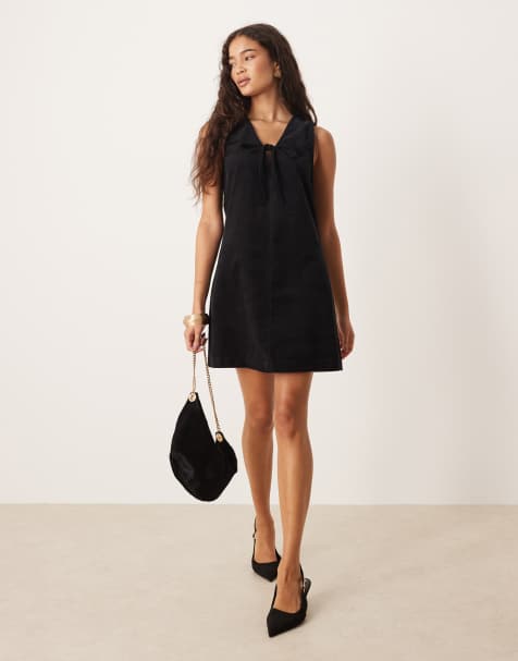 Nobody's Child Nila tie detail corduroy pinafore mini dress in black - view 1