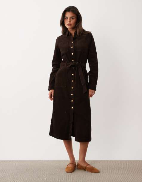 Nobody's Child Noah cord spread collar tie waist button down midi shirt dress in chocolate - view 1