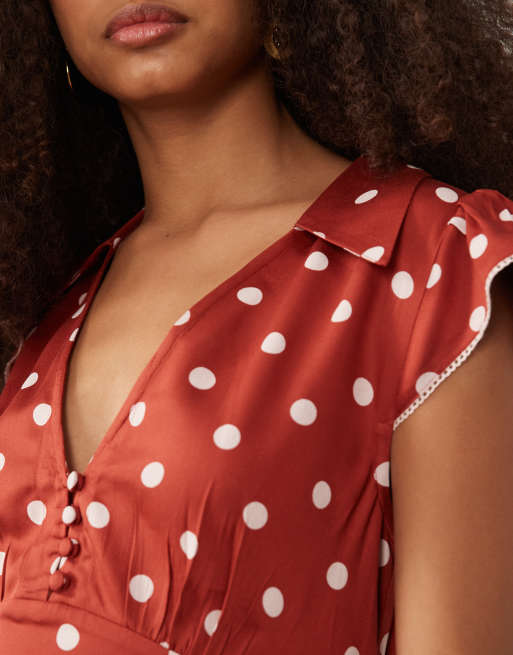 Nobody's Child Norma v-neck flutter cap sleeve midi dress in red polka dot print, 2 of 4