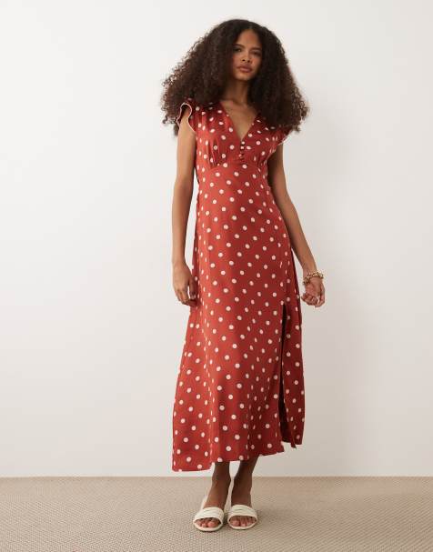 Nobody's Child Norma v-neck flutter cap sleeve midi dress in red polka dot - view 1
