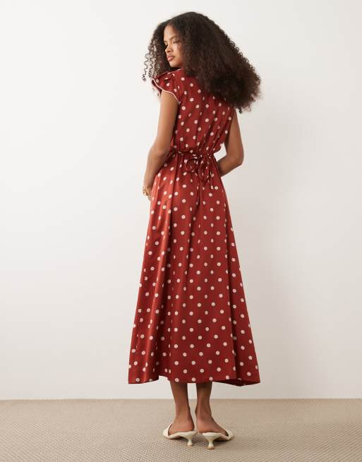 Nobody's Child Norma v-neck flutter cap sleeve midi dress in red polka dot, 4 of 4