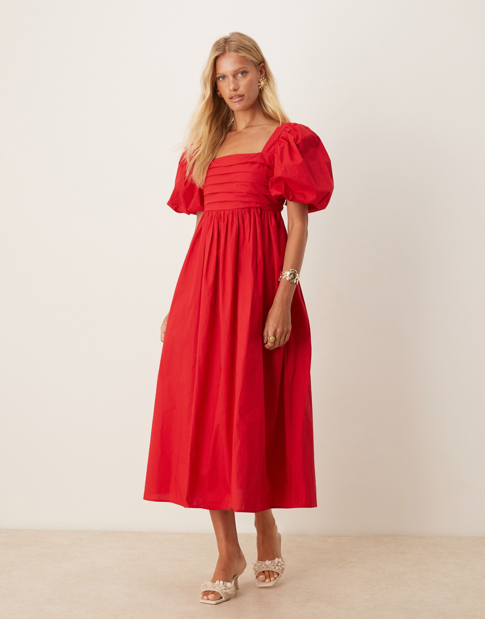 nobody's child nova puff sleeve midi dress in red