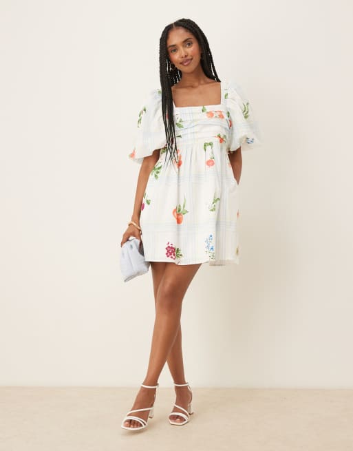 Nobody's Child Nova puff sleeve mini dress in fruit plaid print, 2 of 4
