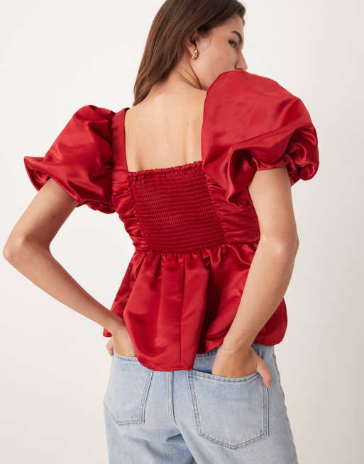 Nobody's Child Nova puff sleeve top in red, 4 of 4