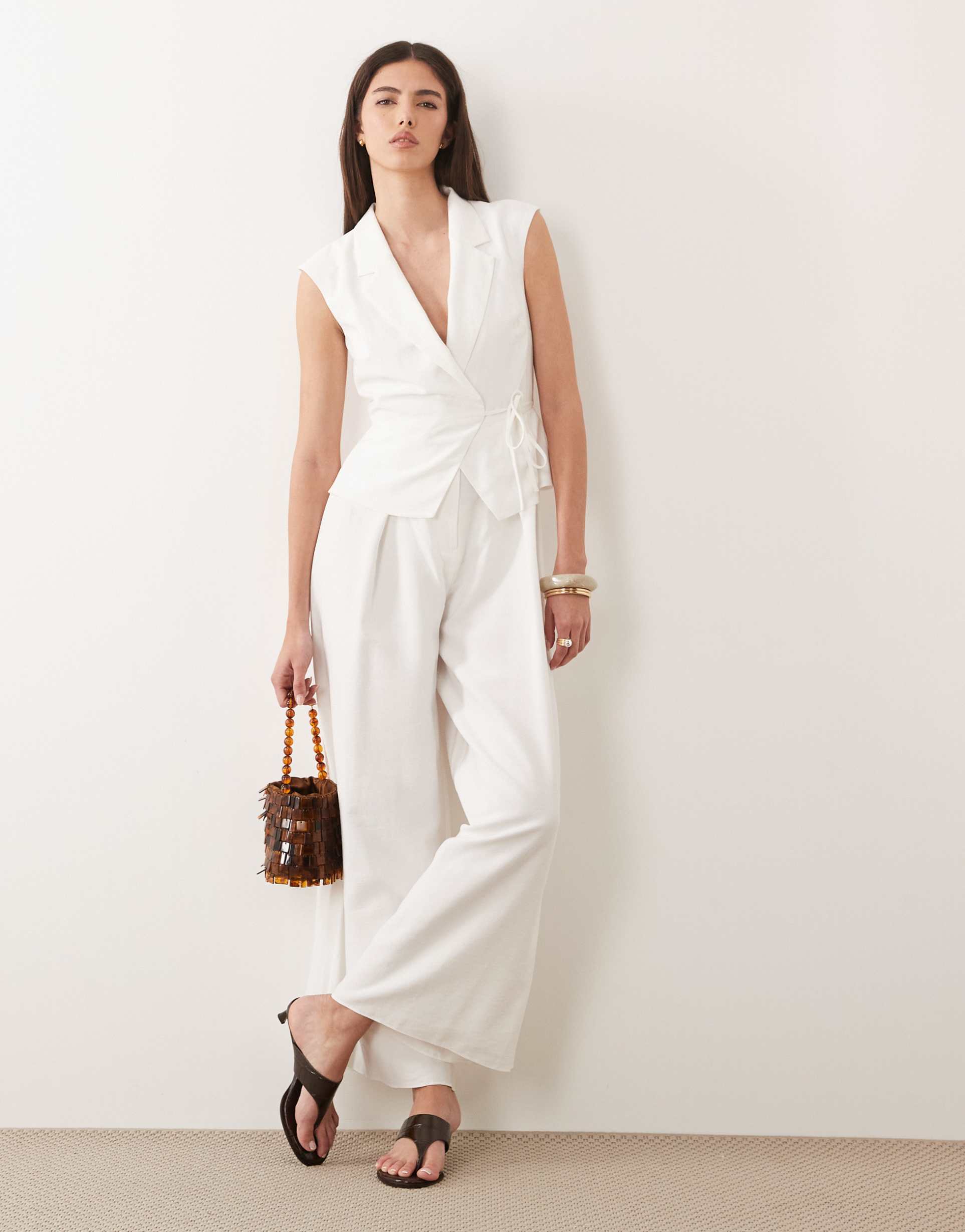 nobody's child occasion edith vest detail wide leg jumpsuit in white