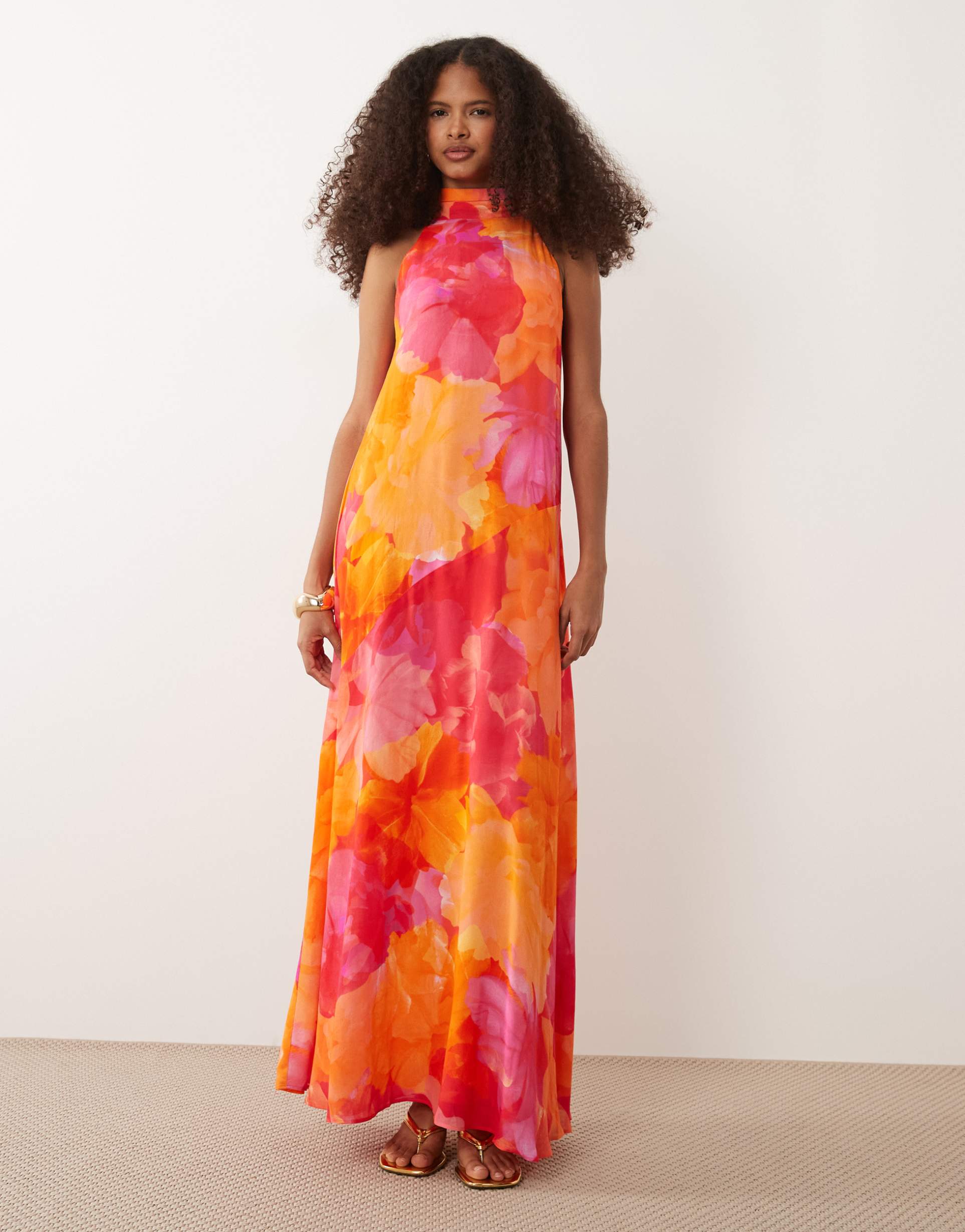 nobody's child occasion nala high neck sleeveless bow back maxi dress in orange floral