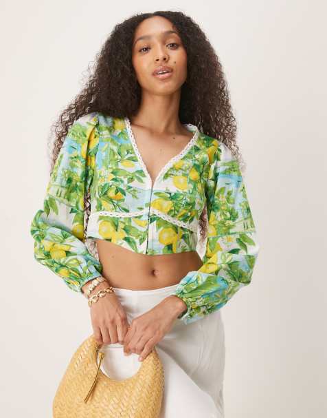 Nobody's Child Odetta linen blend crop top in lemon scenic print - view 1