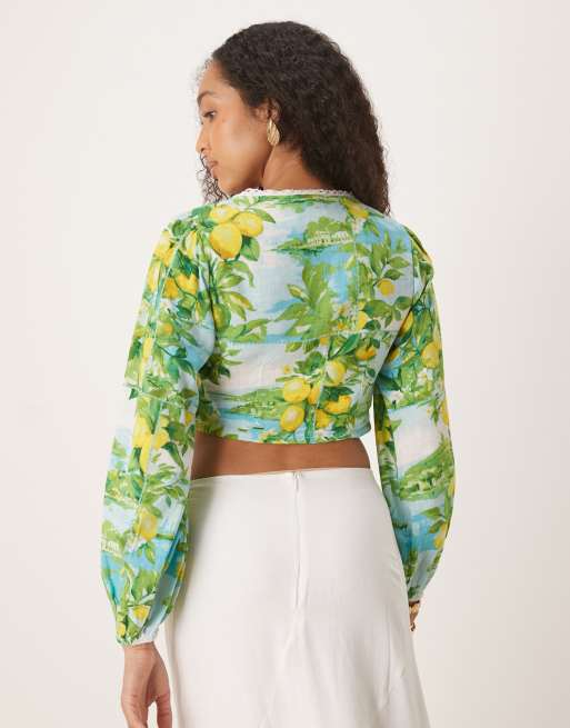 Nobody's Child Odetta linen crop top in lemon scenic print, 4 of 4