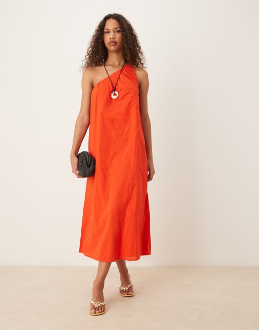 Nobody's Child one shoulder asymmetric trapeze midi dress in red, 2 of 4