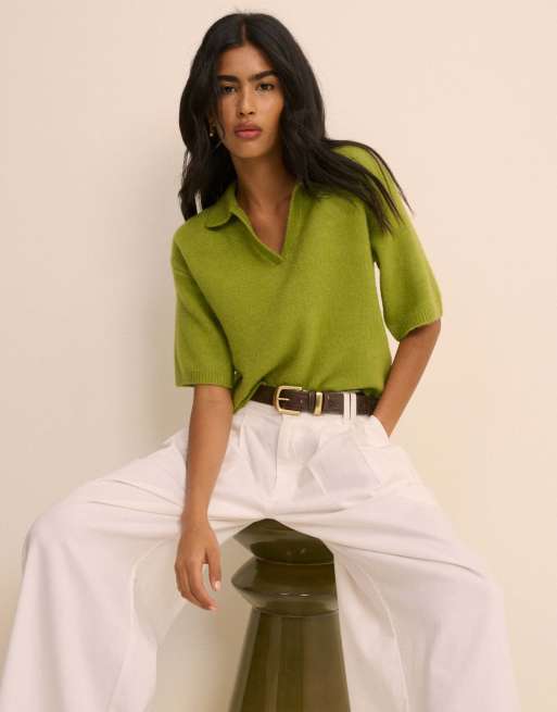 Nobody's Child Open collar polo knitted top in green, 4 of 5