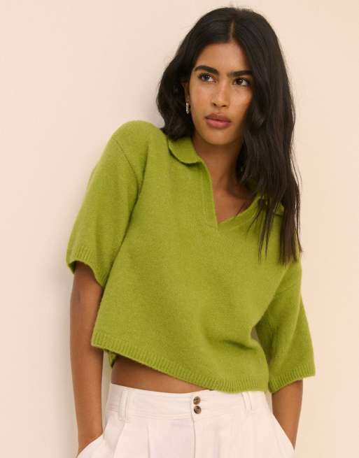 Nobody's Child Open cotton collar polo knitted top in green, 5 of 5