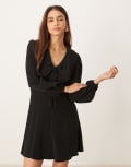 [Nobody's Child] Nobody's Child Ottilie bow detail long sleeve mini dress in black 10 BLACK