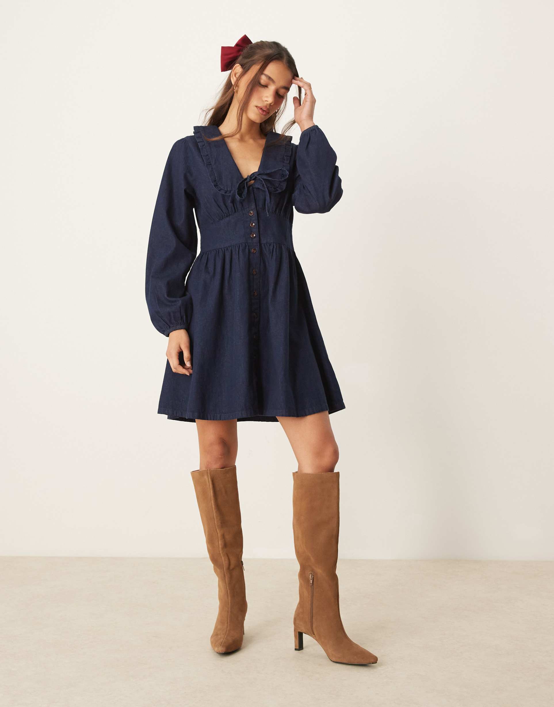 nobody's child ottilie denim mini dress with collar detail in dark blue wash