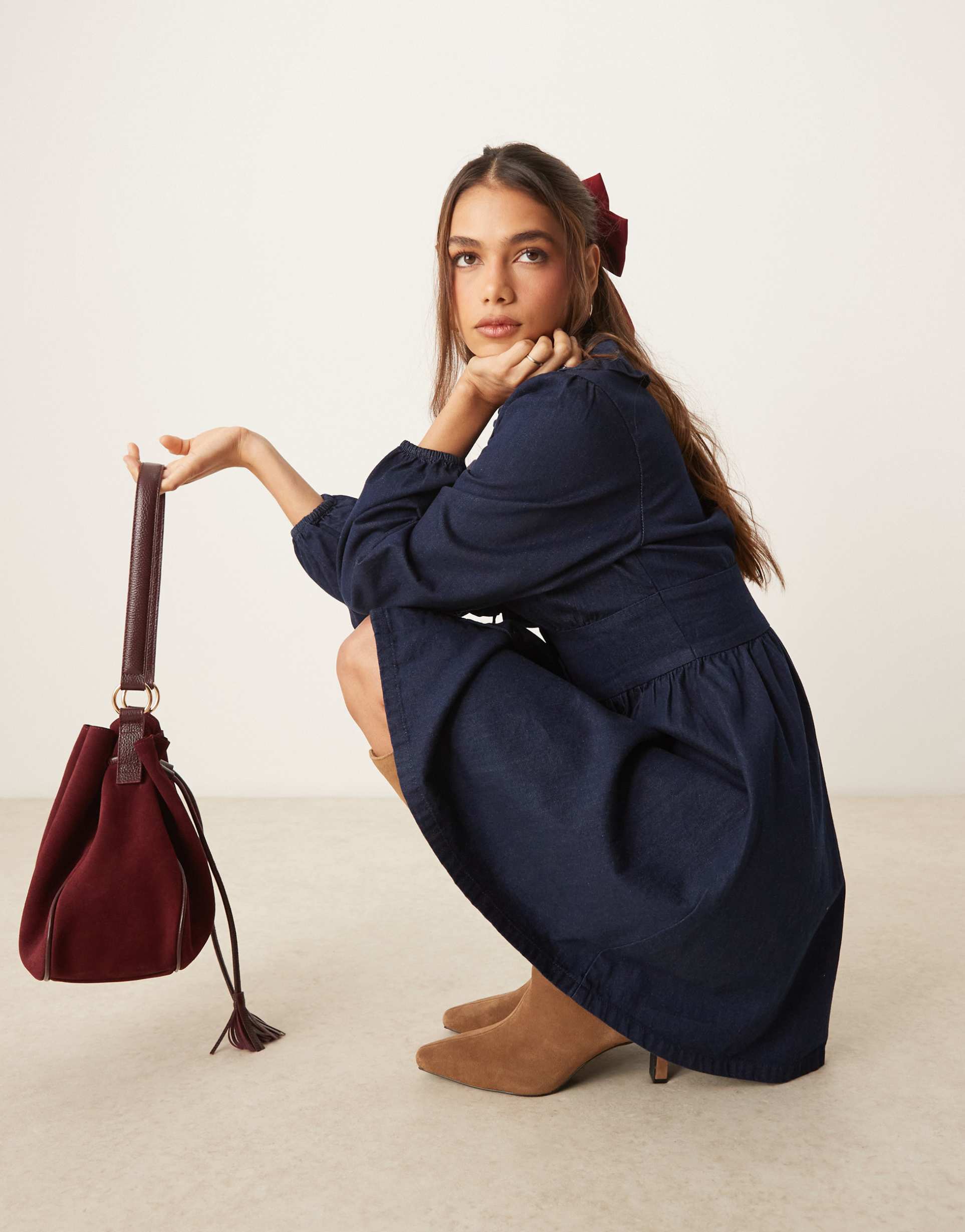 nobody's child ottilie denim mini dress with collar detail in dark blue wash