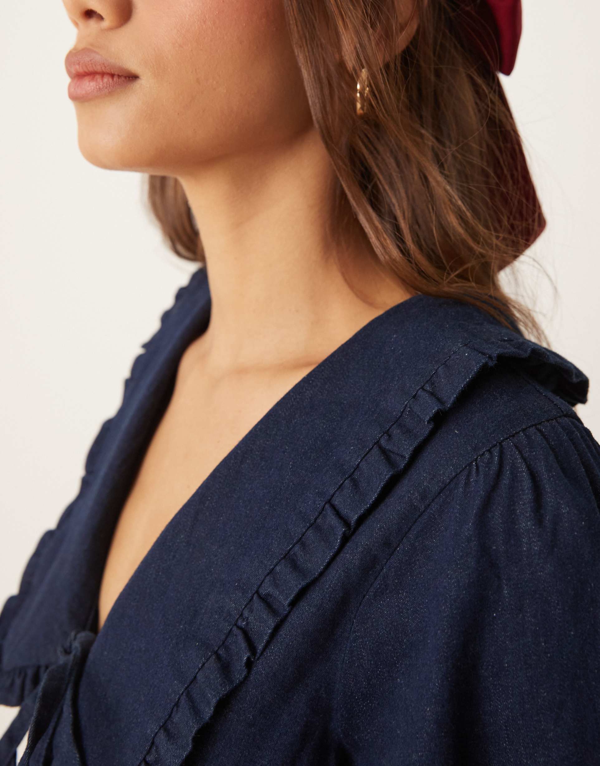 nobody's child ottilie denim mini dress with collar detail in dark blue wash