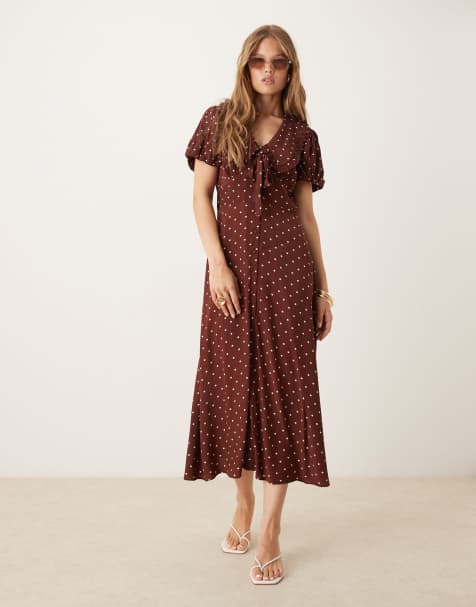 Nobody's Child Ottillie short sleeve collared midi dress in brown spot