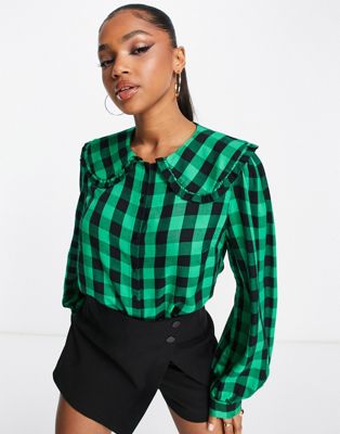 oversized collar blouse in green check