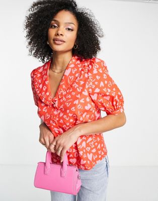 Nobody's Child oversized collar blouse in pink heart print