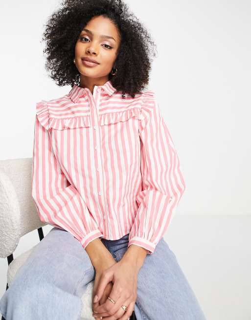 Nobody's Child oversized shirt with frill details in pink stripe | ASOS