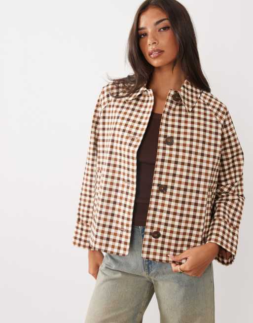 Nobody's Child Oyanti cotton button down collared swing jacket in brown gingham, 3 of 4