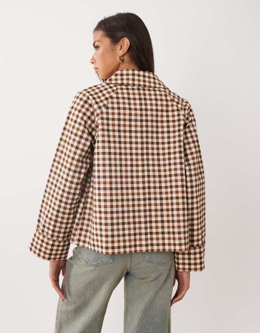 Nobody's Child Oyanti cotton button down collared swing jacket in brown gingham, 4 of 4
