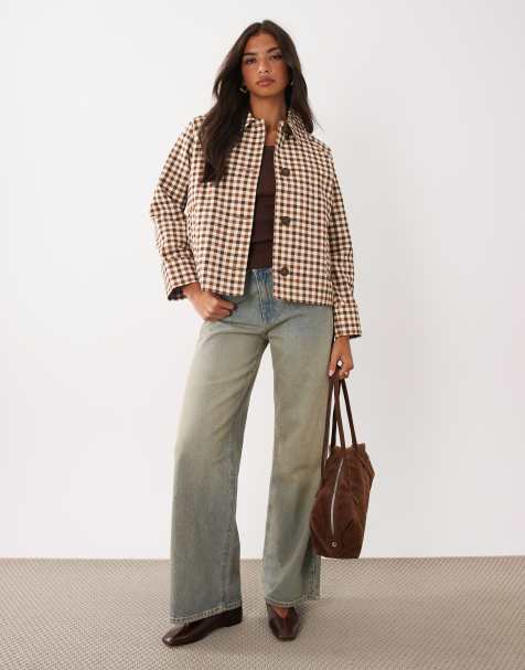 Nobody's Child Oyanti cotton spread collar swing jacket in brown gingham - view 1