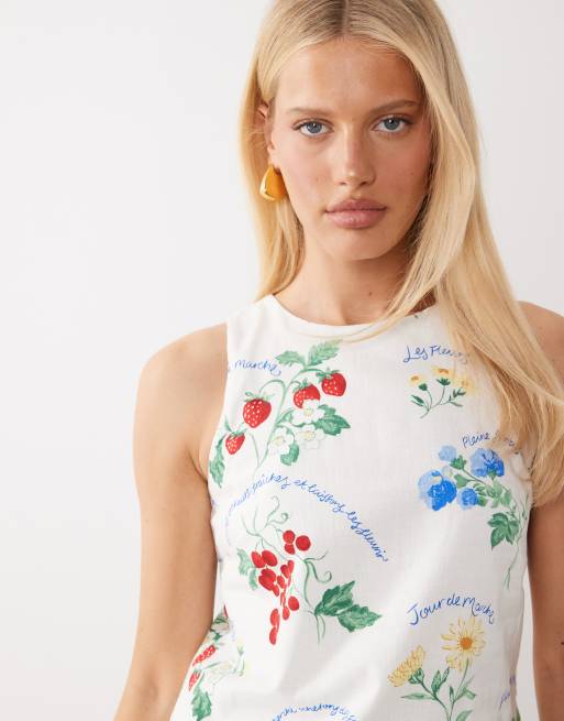 Nobody's Child Palermo linen blend sleeveless shift mini dress in white fruit print, 4 of 4